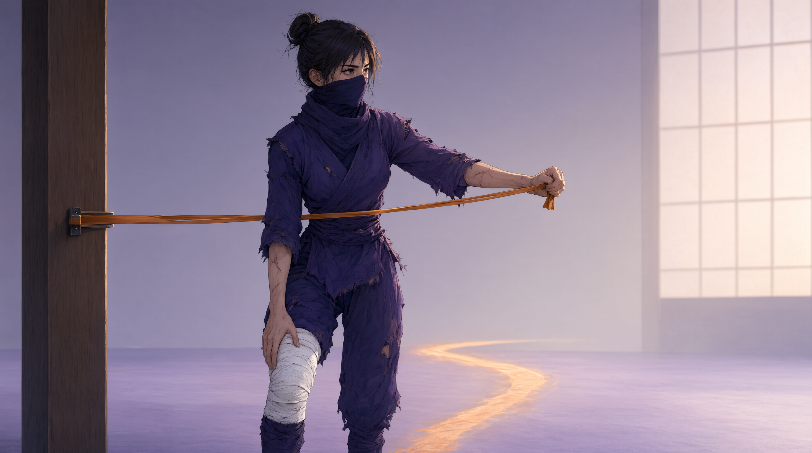Ninja in recovery — bandaged knee, resistance band, walking the path